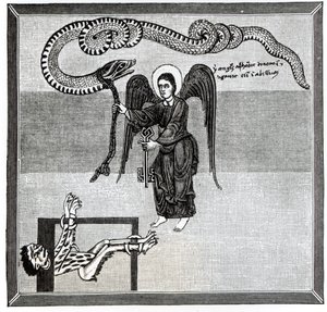 The Angel, holding the Keys of Hell, enchains the Devil, in the shape of a Dragon, in the Pit, from a Commentary upon the Apocalypse by the Asturian monk Beatus of Liebana, c.776, illustration from 